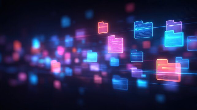 Abstract network grid with files and folders, futuristic software interface, digital document management system, store, search and organize documents, corporate business, paperless office	
