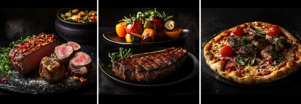 A collage of various food images, including steaks, fish, and pizza with vegetables. The photos feature vibrant colors and textures that showcase the diversity in cooking styles. Each dish