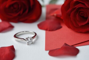 A diamond ring is set in a white background with red roses and red paper