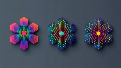 Three Digital Snowflakes on Dark Background
