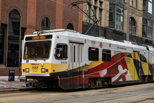 Baltimore, Maryland USA A Public tram on South Howard Street.