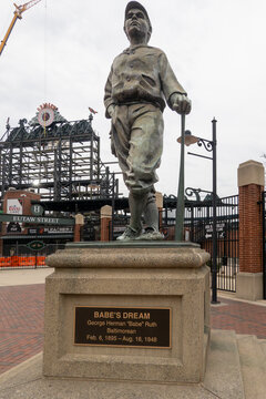 Baltimore, Maryland USA A statue of Babe Ruth at the Oriole Park at Camden Yards.