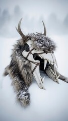 Naklejka premium Fierce Snowy Wolf with Antlers Portrait.