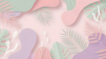 Elegant abstract botanical background featuring soft, flowing wave-like forms and delicate autumn leaves in neutral pastel tones.