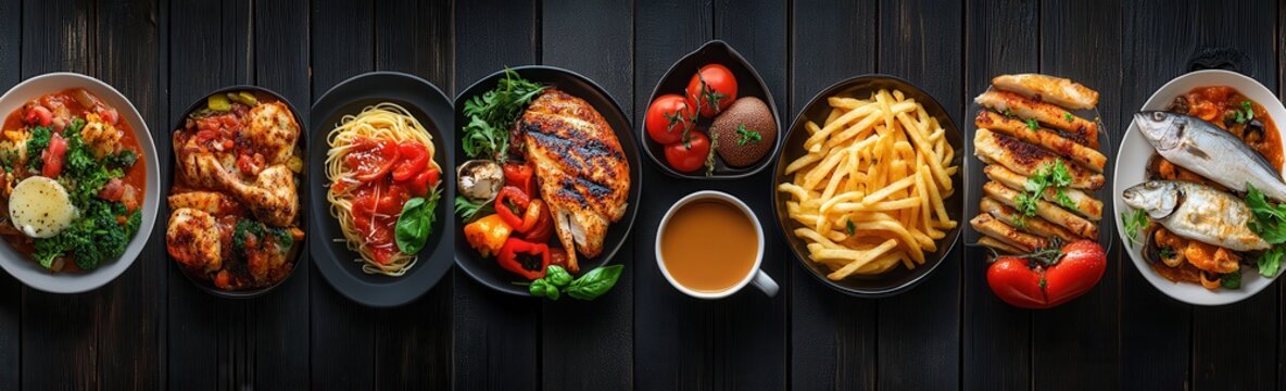 A collage of various types of food, including chicken and fish dishes, pasta with tomato sauce, vegetables on the side, French fries, coffee in a cup, all arranged in one long picture. The background