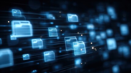 Abstract network grid with files and folders, futuristic software interface, digital document management system, store, search and organize documents, corporate business, paperless office	
