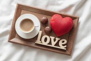 A tray with a heart, a cup of coffee, and a chocolate heart