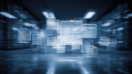 Obraz premium Abstract network grid with files and folders, futuristic software interface, digital document management system, store, search and organize documents, corporate business, paperless office 