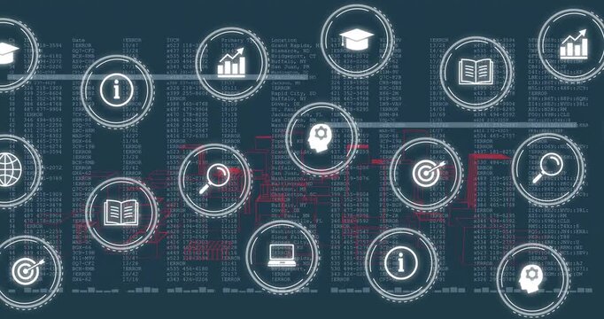 Digital analytics dashboard displaying floating interface icons over wireframe container structures