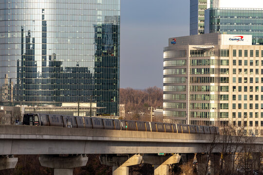 Washington DC USA JAn elevated Metro station and Metro train in the Tysons Corner suburb.