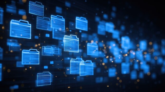 Abstract network grid with files and folders, futuristic software interface, digital document management system, store, search and organize documents, corporate business, paperless office	
