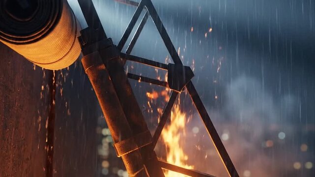 Fiery explosion on a structure with dramatic lighting and cityscape backdrop
