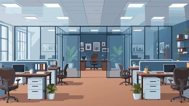 Modern office interior vector illustration with workstations, meeting room, and professional workspace