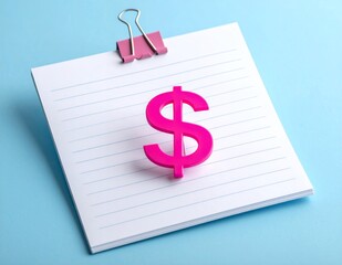 Pink Dollar Sign on Lined Paper with Binder Clip, Financial Concept.