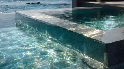 Infinity pool with ocean view modern spa pool with clear blue water and sunlight reflection
