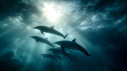 Fototapeta premium Dolphins swimming in formation underwater with sunlight filtering through ocean waves showcasing marine life and aquatic beauty in a natural setting