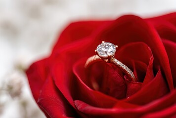 A diamond ring is set in the center of a red rose