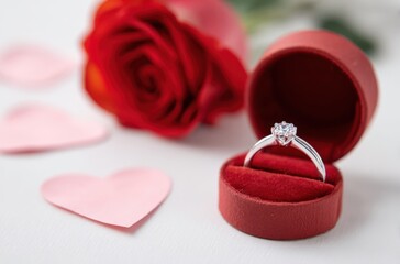 A red box with a diamond ring inside it sits on a table next to a red rose