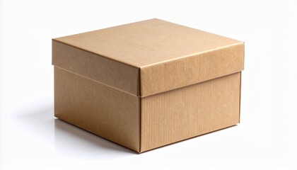 Simple Brown Cardboard Box with Lid on White Background.