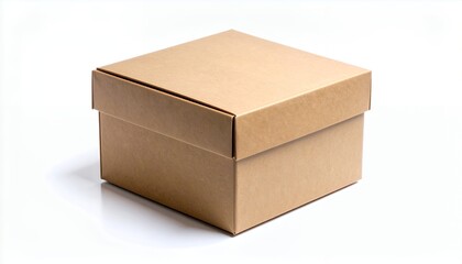 Simple Brown Cardboard Box with Lid on White Background.