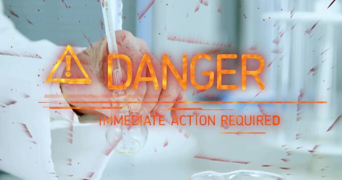 Sr chemist placing pipette above flask and adding liquid signaling DANGER overlay obscuring hand