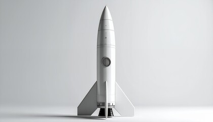 Sleek White Rocket Model Standing Tall on a Minimalist Background.
