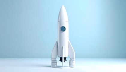 Sleek White Rocket Standing Tall Against a Serene Light Blue Background.