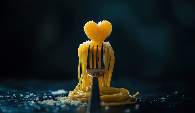 A fork and spaghetti on the table, a piece of parmesan cheese in the shape of a heart on top of the pasta, dark background, close-up, high-resolution photography, high detail, cinematic lighting