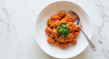 Delicious Gnocchi: Savory gnocchi is artistically presented in a pristine white bowl. Garnished with a vibrant herb and served with a shiny spoon.