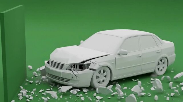  White Car Crashed into a Green Wall with Green Background