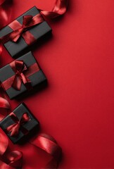 Three black boxes with red ribbons on top of a red background