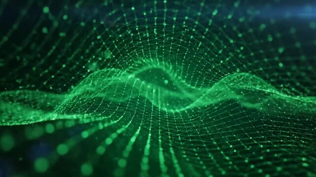 Abstract green digital wave of connected particles forming a network and data flow background