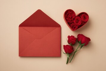 A red envelope with a heart on it sits on a table with a bouquet of red roses