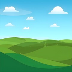 Obraz premium Flat design countryside landscape, layered green hills, blue sky with clouds, simple vector background.