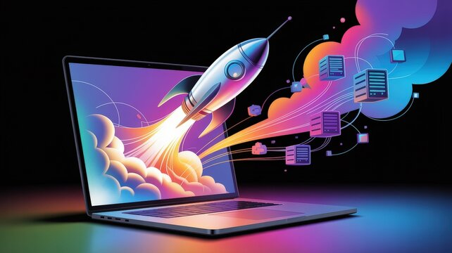 Rocket launching from laptop screen symbolizing fast growth and digital innovation