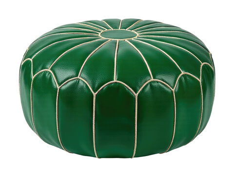 A green pouffe sitting on a white floor, suitable for home decor or furniture photography