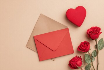 A red envelope with a heart on it sits on a table with a red rose