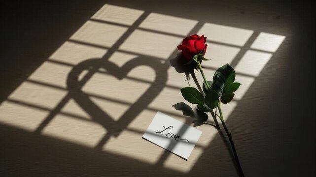 Red rose and heart shadow on a wall with window grid