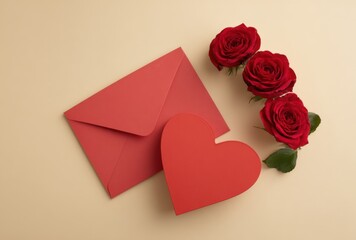 A red heart is placed on top of a red envelope
