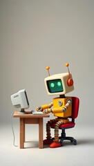 cute retro robot as AI chatbot typing on computer - generative AI 