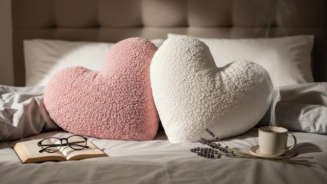 Heart shaped cushions and cozy bedding still life