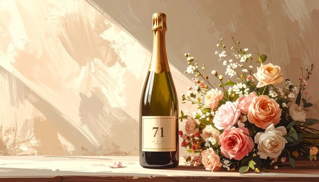 Champagne bottle with number 71 on the label and a bouquet of flowers. Rustic illustration for birthday or anniversary celebration