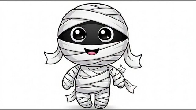 A cartoon mummy character illustration wrapped in bandages with a smiling face and large eyes standing alone on a plain background