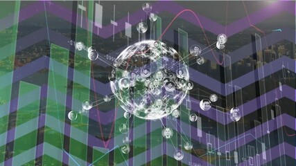 Animation of financial data and graphs over globe with connections - Powered by Adobe