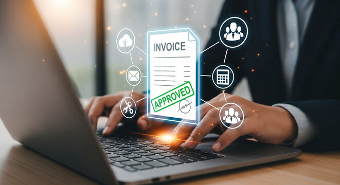 Businessman working on laptop with approved invoice and financial icons symbolizing online accounting and payment processing - Powered by Adobe