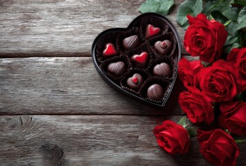 A box of chocolates with hearts on top of it is placed on a wooden table