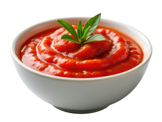 Fototapeta na wymiar Fresh tomato sauce served with a sprig of basil, perfect for pasta dishes or as a dipping sauce