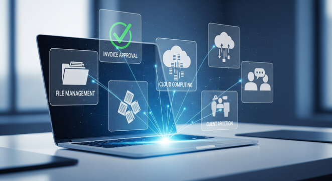 Laptop with glowing icons and connections representing file management marketing cloud computing and teamwork on a modern office desk