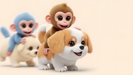 cute baby monkeys riding a puppy in a playful cartoon scene