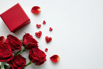 A red box with a bunch of red roses and heart shaped confetti on top of it